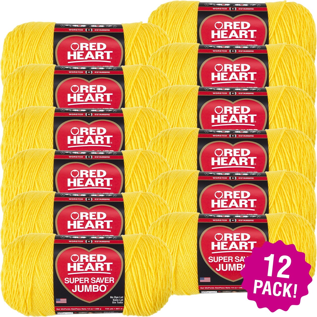 Multipack of 12 - Red Heart Super Saver Jumbo Yarn-Bright Yellow